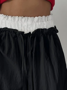 DAZY Women's Lace Patchwork Drawstring Waist Loose Fit Long Pants - Black - View 2