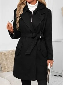 SHEIN Clasi Women's Solid Color Casual Versatile Winter Hooded Jacket - Black - View 4