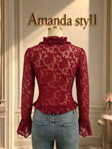 GlowEve Women's Lace Ruffle V-Neck Flare Sleeve Fashion Top - Red - View 2