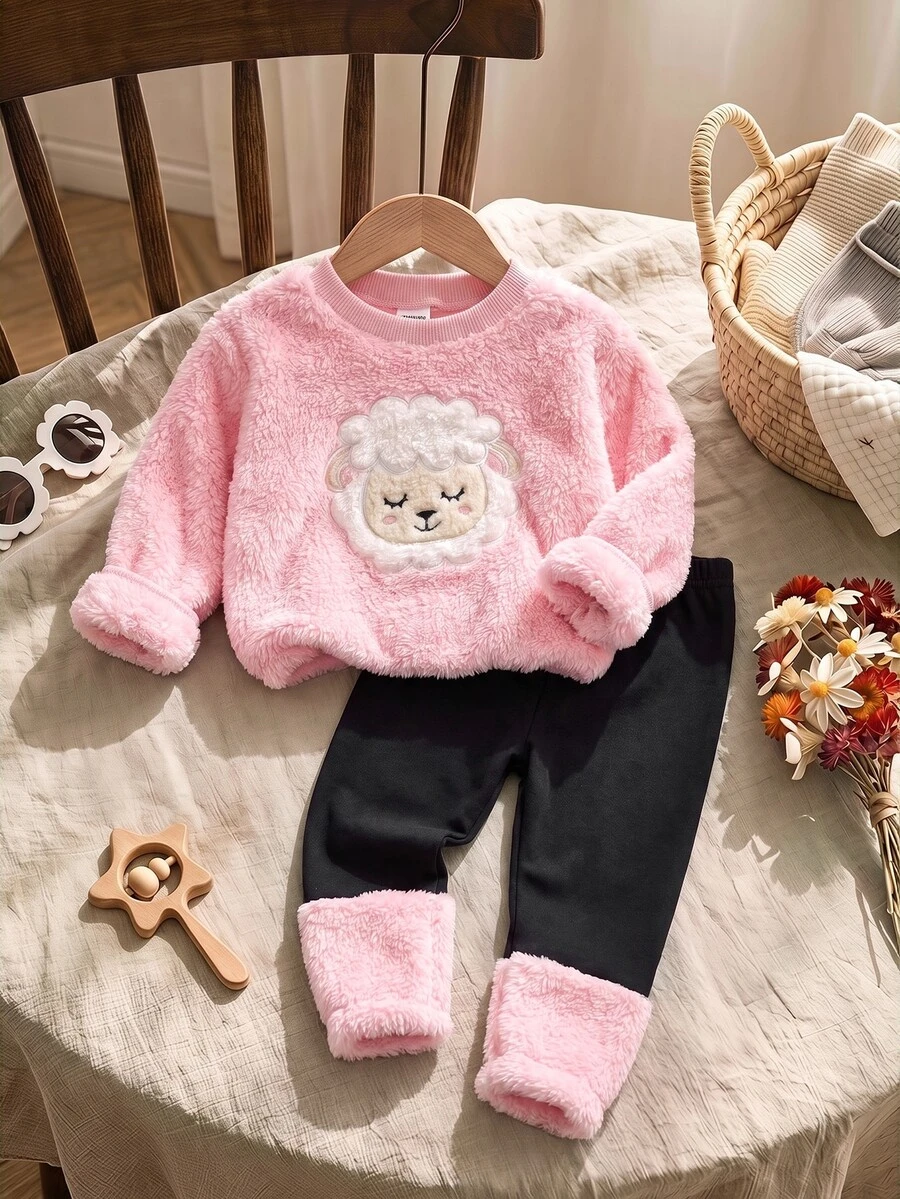 SHEIN 2件組可愛女嬰毛絨卡通圖案長袖衛衣與彈性腰長褲套裝,秋冬款 - 粉色 - 查看 1