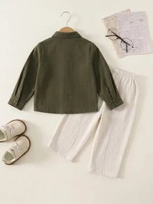 SHEIN 中性嬰兒男/女嬰 2件組秋冬休閒復古長袖上衣與長褲套裝，男嬰套裝，男嬰衣著，Squishy - 彩色 - 查看 2