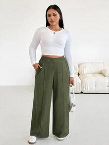 SHEIN Essnce Plus Size Women's Solid Color Casual Baggy Elegant Versatile Everyday Long Pants Fall Formal Vacation Olive Green Home Birthday - Army Green - View 6