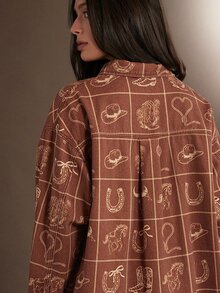 WESTFADE 西部印花寬鬆長袖牛仔襯衫外套 Shacket，秋季秋冬 2026，女款鄉村風牛仔女郎可愛感恩節服飾 - 彩色 - 查看 3