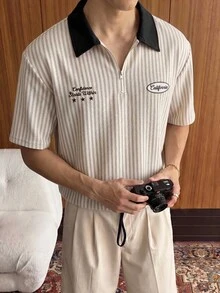 SWAVVY 男士條紋字母印花休閒日常短袖 Polo 衫 - 彩色 - 查看 2