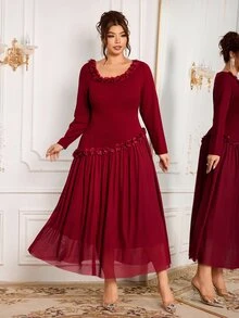Modelyn Women's Elegant Floral Square Neckline Decor Fitted Elegant Plus Size Long Sleeve Dress - Burgundy - View 3