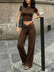 Cévolie European Style Solid Color Round Neck Set, Waist Patchwork Lace Long Pants - Light Coffee - View 7