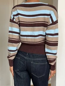 Autumina Sweater Lengan Panjang Kasual Wanita Motif Garis-Garis dan Blok Warna untuk Sehari-hari - MultiWarna - View 2
