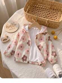 SHEIN 女嬰可愛休閒粉色花卉圖案連帽秋季外套 - 彩色 - 查看 6
