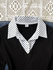 SHEIN 青少年女孩長袖 Polo 領休閒街頭風大學風上衣，黑白對比色，春夏秋冬新款返校穿搭 T-shirt - 黑與白 - 查看 6