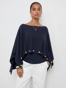 Maija Women's Elegant Commuter Shawl Knit Top - Navy Blue - View 1