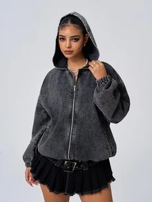 SHEIN ICON جاكيت جينز رمادي غير مطاطي مريح وكاجوال للنساء ذوات الأحجام الكبيرة - رمادي - مشاهدة 3