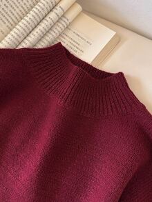 CosyJoli Women's Solid Color Long Sleeve Sweater And Knitted Skirt Casual Set - Burgundy - View 3