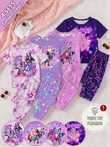 SHEIN 少女卡通印花短袖上衣與長褲休閒居家睡衣套裝 - 紫色 - 查看 3