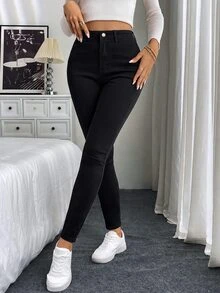 SHEIN Tall CURVE Plus Size Fashion Versatile Button Fitted Sexy Denim Jeans - Black - View 5