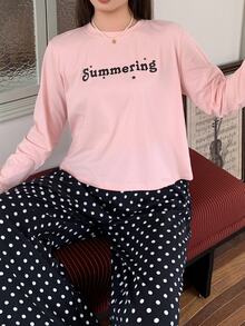 Dazy Plus Korean Style Letter Print Loose Pink Top And Polka Dot Pants 2-Piece Pajama Set, Spring Summer Autumn - Pink - View 3