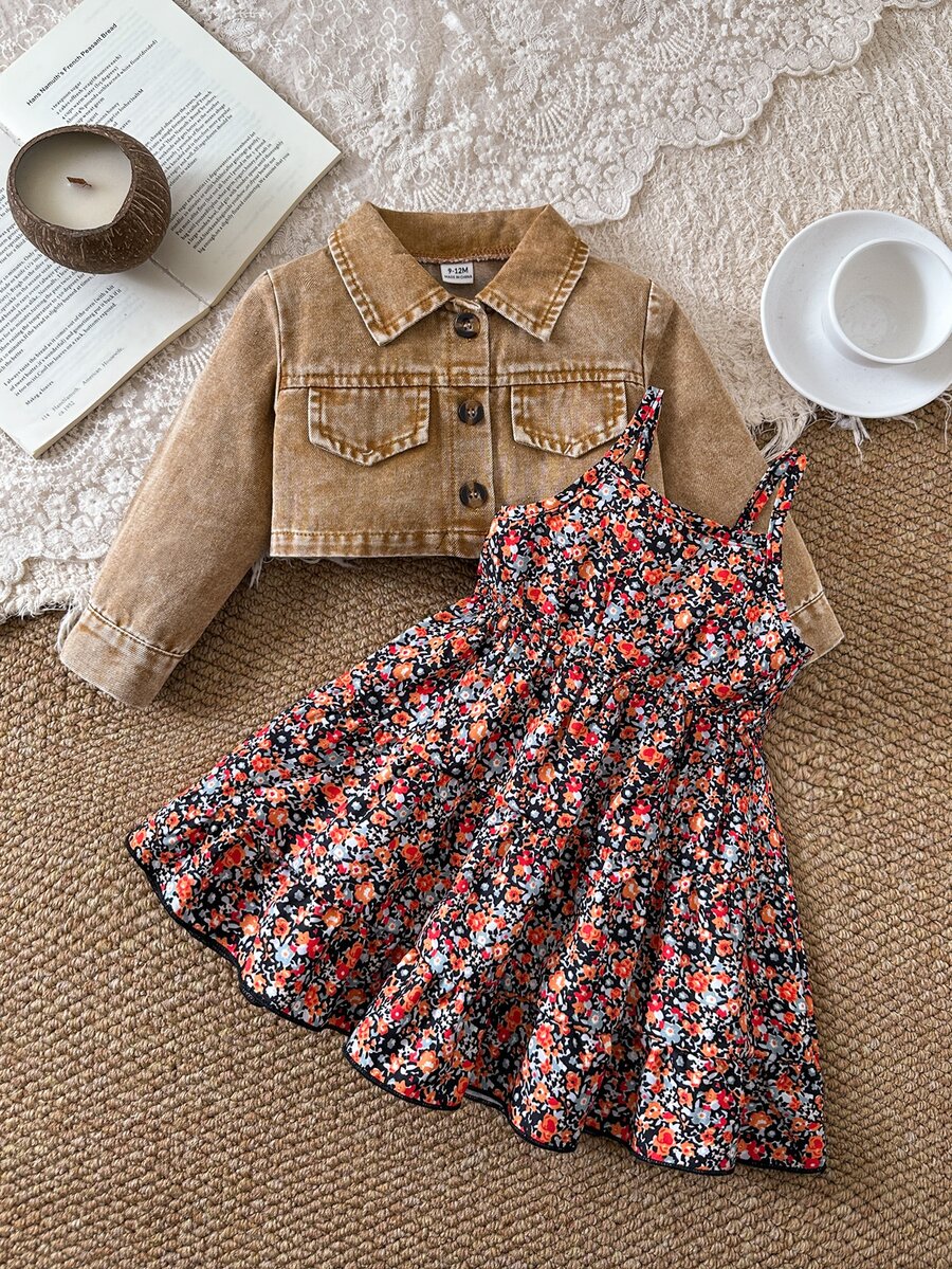 SHEIN Vintaside Kids 2件組女嬰夾克背心洋裝套裝,甜美卡其色多色花卉百褶設計,長袖與無袖款,翻領,合身版型,優雅秋季婚禮賓客穿搭 - 鏽棕色 - 查看 1