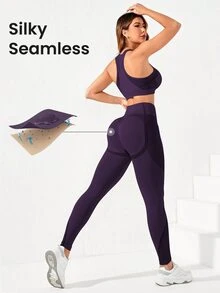 SHEIN Sports 女款短版背心與緊身褲無縫高彈性運動套裝 - 紫色 - 查看 2