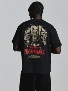 Musero Oversized Drop Shoulder Halloween Graphic Tshirt "Terror "Crew Neck Autum Winter Essentials - Black - View 1