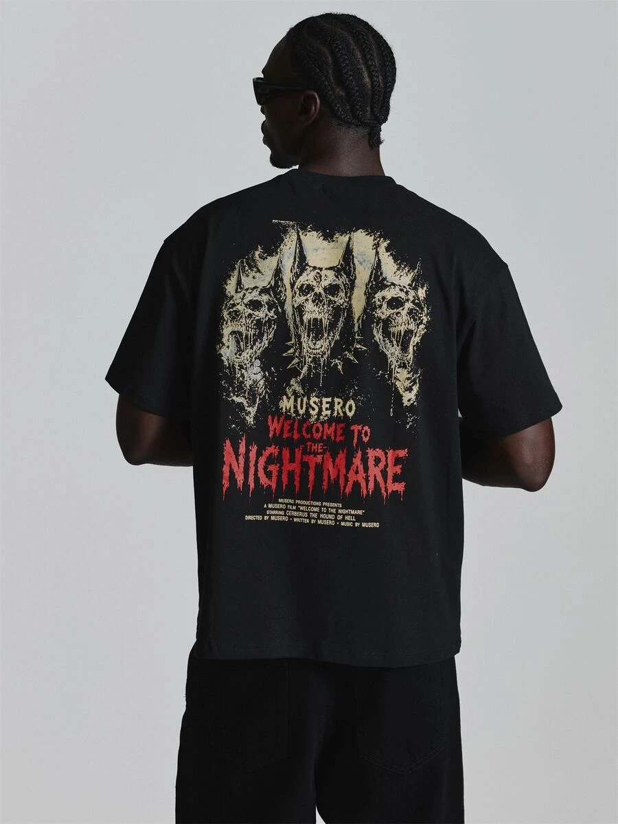 Musero Oversized Drop Shoulder Halloween Graphic Tshirt "Terror "Crew Neck Autum Winter Essentials - Black - View 1