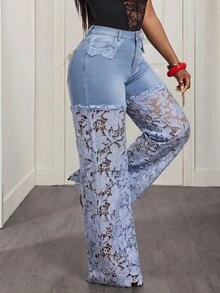 Slaydiva Celana Jeans Wanita Model Lurus Elegan dengan Saku dan Renda Kontras - Biru - View 3