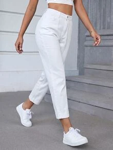 SHEIN CURVE+ Plus Size Women's Casual High Waist Denim Mom Jeans With Pockets, Cropped Length - White - View 6