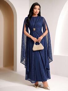 Veilorie Women's Round Neck Split Sleeve Waist Metal Decor Elegant Modest Lace Arabian Dress Ninang Wedding Christening Guest Fall - Royal Blue - View 5