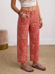 SHEIN CURVE+ Plus Size Women's All-Over Print Casual Daily Denim Wide Leg Pants With Pockets - Red - View 4