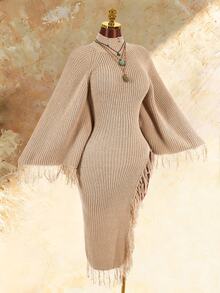 Amplova Women's Vintage Elegant Fashion Fringe Hem Split Sweater Dress Dinner Cocktail Party Tan Autumn - Apricot - View 5