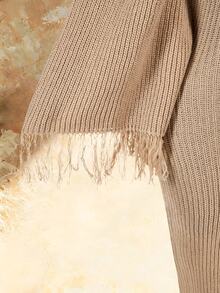 Amplova Women's Vintage Elegant Fashion Fringe Hem Split Sweater Dress Dinner Cocktail Party Tan Autumn - Apricot - View 6