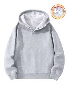 SHEIN 青少年男孩休閒麻灰色半開襟連帽衛衣，適合秋冬返校季 - 淺灰色 - 查看 5