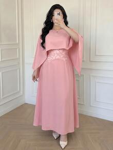 Vibekara فستان دانتيل متباين للنساء مقاس كبير مع جاكيت شال مجموعة أنيقة - وردي - مشاهدة 4