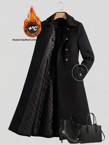 Easowa Curve Plus Size Women's Solid Color Lapel Neck Long Sleeve Casual Wool Blend Jacket - Black - View 1