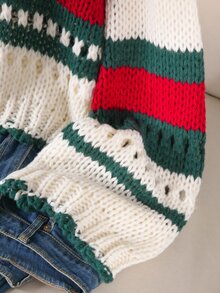 CosyJoli Plus Size Colorblock Striped Hollow Knit Sweater Winter - Multicolor - View 5