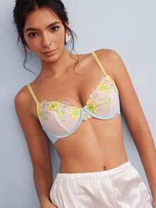 Elorette Yellow Underwire Embroidered Push-Up Lift Floral Pattern Satin Romantic Pastoral Women's Bra - Yellow - View 5