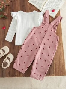SHEIN Playful Pals 女嬰燈芯絨吊帶褲套裝，秋冬加厚保暖愛心刺繡吊帶褲 + 保暖刷毛針織內搭，2件套，新款可愛女嬰服飾 - 彩色 - 查看 2