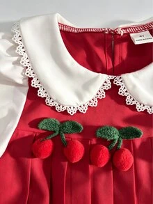 SHEIN Genkimix Kids 女童甜美櫻桃拼接洋裝，蕾絲飾邊彼得潘領泡泡長袖百褶A字領派對洋裝，適合秋季 - 紅色 - 查看 7