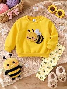 SHEIN Set Baju Bayi Perempuan: Sweatshirt Leher Bulat Rajut Motif Lebah Lucu dan Legging Pinggang Elastis 2 Potong - MultiWarna - View 1