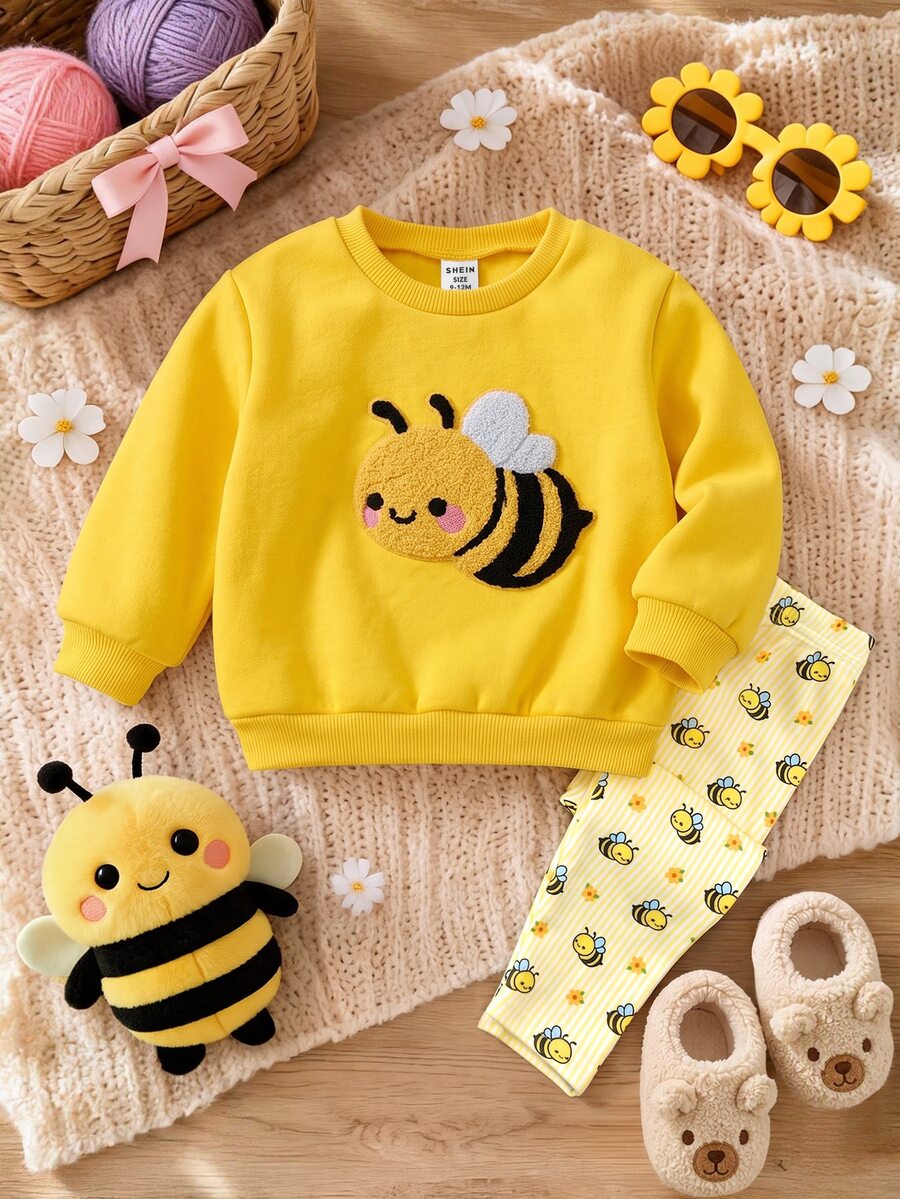 SHEIN Set Baju Bayi Perempuan: Sweatshirt Leher Bulat Rajut Motif Lebah Lucu dan Legging Pinggang Elastis 2 Potong - MultiWarna - View 1