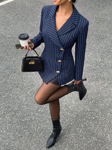Siren Gaze Women's Elegant Business Casual Casual Professional Metal Button Navy Blue And White Blazer Office Night Out Business Summer - Navy Blue - View 7