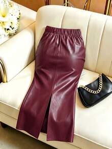 GlowEve CURVE Women's Fashion Elegant Elastic Waist Hidden Zipper Ruched Bodycon Slit Skirt, Suitable For Daily Commute, Dating And Party Wear Fall - Red - View 2