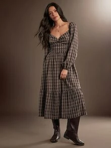 WESTFADE Twist Front Ruched Waist Long Sleeve Tiered Ruffle Plaid Midi Dress, Fall Winter 2026, Western Style, Cowgirl Clothing, Rodeo, Female Country Look - Multicolor - View 2
