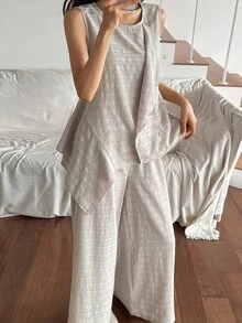 DAZY Women's Round Neck Asymmetrical Hem Sleeveless Top And Wide Leg Pants Loungewear Set - Khaki - View 1