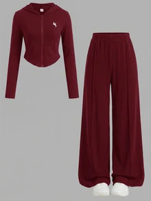 SHEIN 青少年女孩 2 件組粉色連帽上衣與長褲套裝，休閒百搭，適合春季與秋季日常穿著 - 酒紅色 - 查看 3