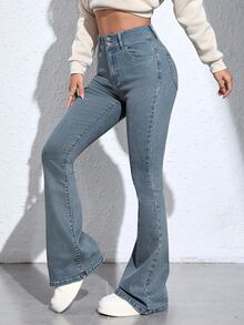 INAWLY INAWLY Women's Casual Daily Denim Flare Pants With Pockets And Buttons - Blue - View 4