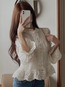 DAZY Women's Stand Collar Long Sleeve Single-Breasted Ruffle Hem Fashion Shirt - Apricot - View 7