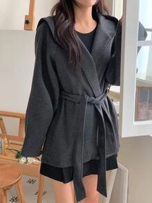 DAZY Women's Solid Color Loose Long Sleeve Hooded Belt Casual Vacation Korean Style Thickened Wool Jacket, Autumn/Winter - Grey - View 1