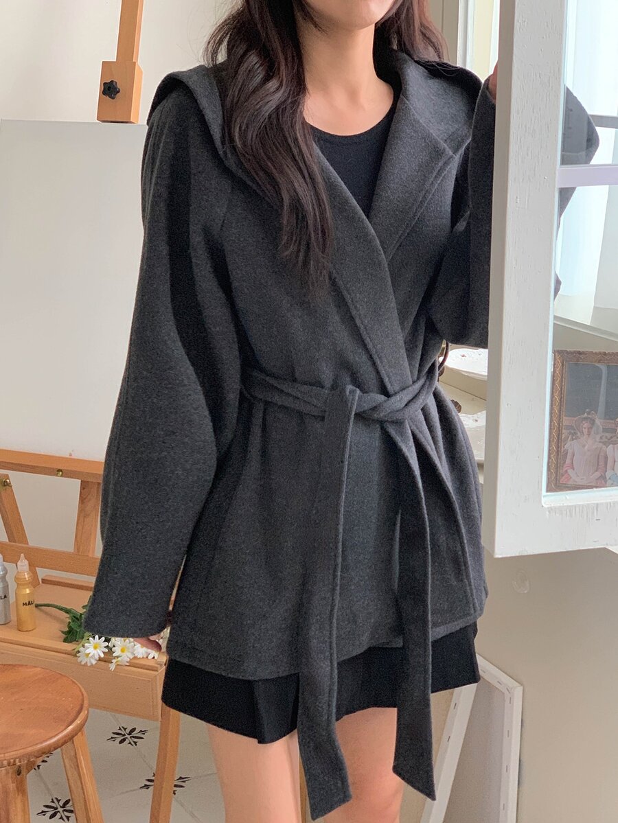 DAZY Women's Solid Color Loose Long Sleeve Hooded Belt Casual Vacation Korean Style Thickened Wool Jacket, Autumn/Winter - Grey - View 1