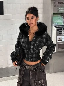 StreetHx Y2K Vintage Plaid Zipper Short Wool Jacket, Frayed Fur Collar Hooded Long Sleeve Ribbed Hem Street Style Short Coat - Multicolor - View 5