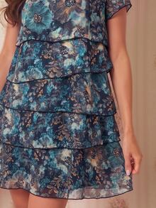 Amorya 深青色紋理圓領短袖洋裝 嘉年華服裝 女款 2026夏季服飾 優雅浪漫休閒派對雞尾酒會穿搭 - 彩色 - 查看 4