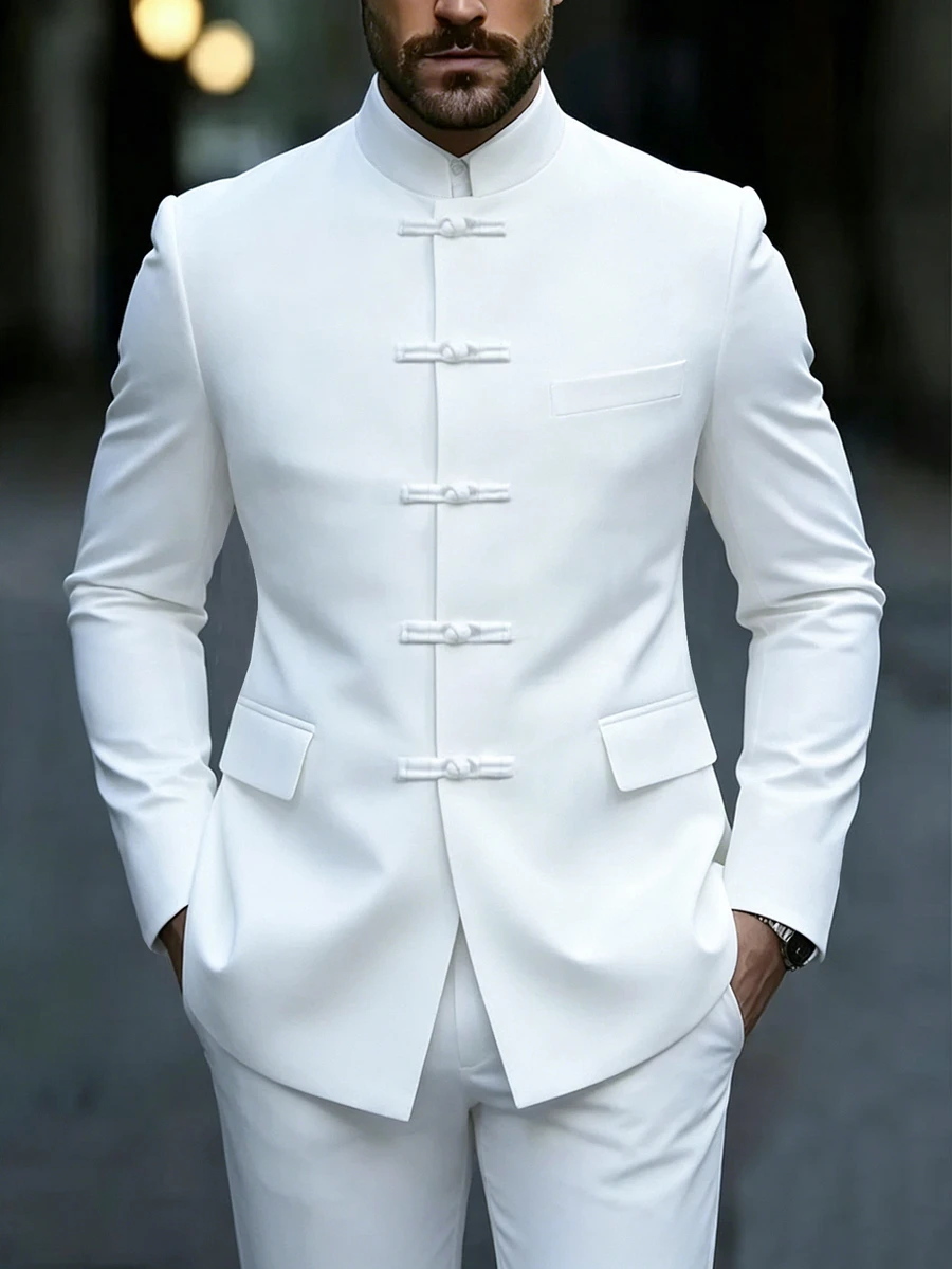 Manfinity Homme Men's Mature Casual Solid Color Plus Size Blazer, Best Choice For Holiday Gift - White - View 1